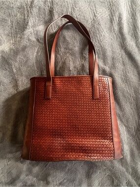 Cole Haan Woven Leather Tote Cognac Zip Top Medium